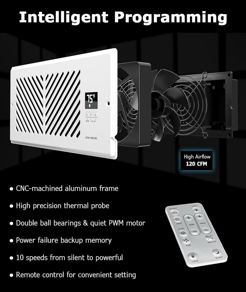 ATOM NEXUS Quiet Register Booster Fan Fits 4”x10” Register Holes, Smart Vent Booster Fan with Thermostat & Remote Control, 10-Speed Control Heating Cooling AC Vent (White) - Image 4